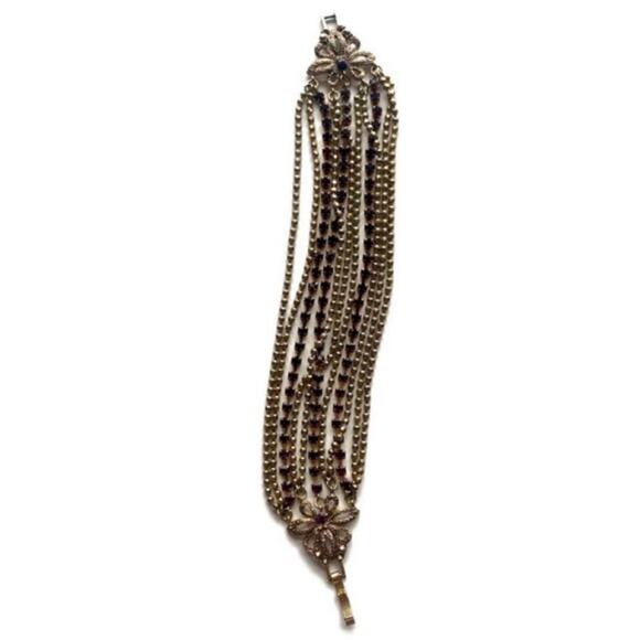 Gold Tone and Purple Beaded Rhinestone Multi Strand Bracelet - Picture 2 of 5